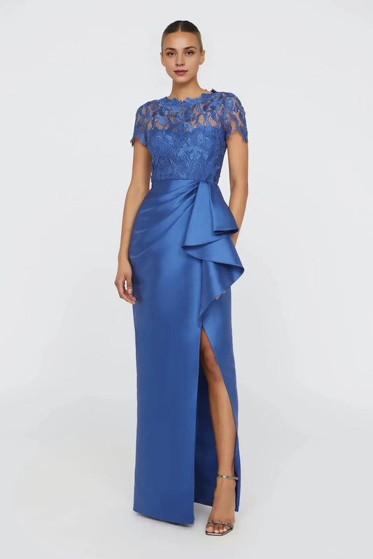 Stylish Sheath Lace Neck Short Sleeve Ruffled Back Floor Length Prom Dress by YiHuiw