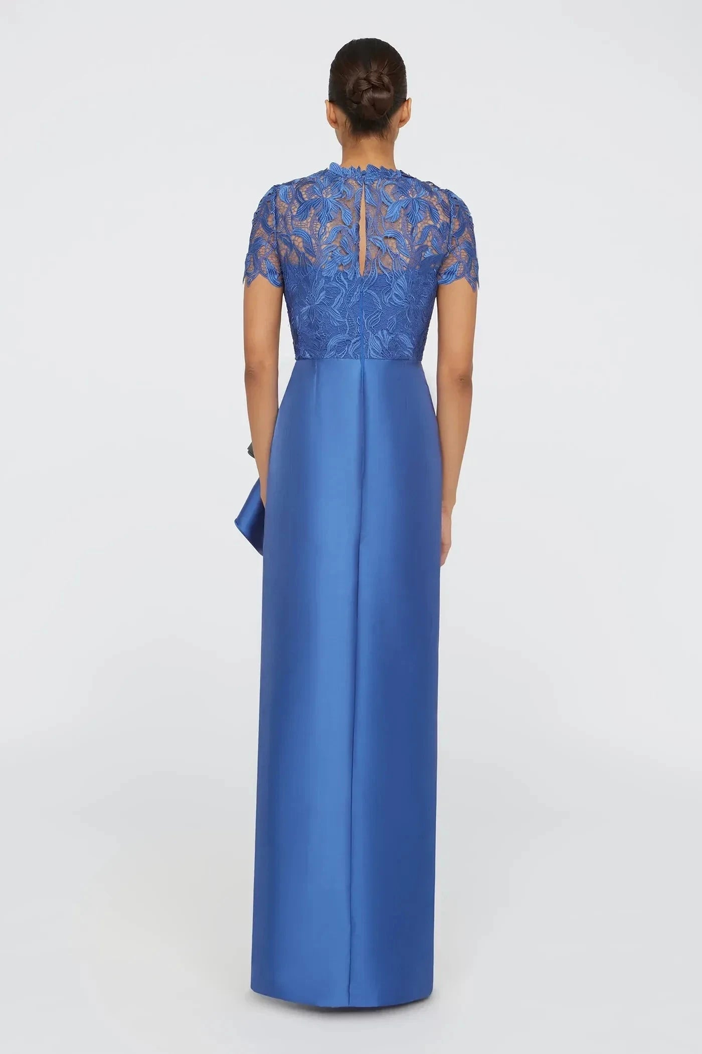 Stylish Sheath Lace Neck Short Sleeve Ruffled Back Floor Length Prom Dress by YiHuiw