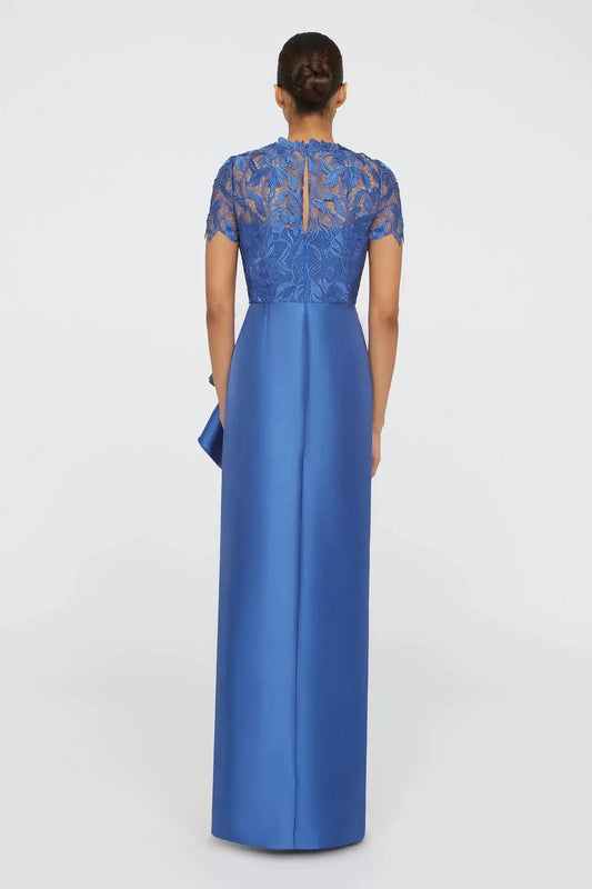 Stylish Sheath Lace Neck Short Sleeve Ruffled Back Floor Length Prom Dress by YiHuiw