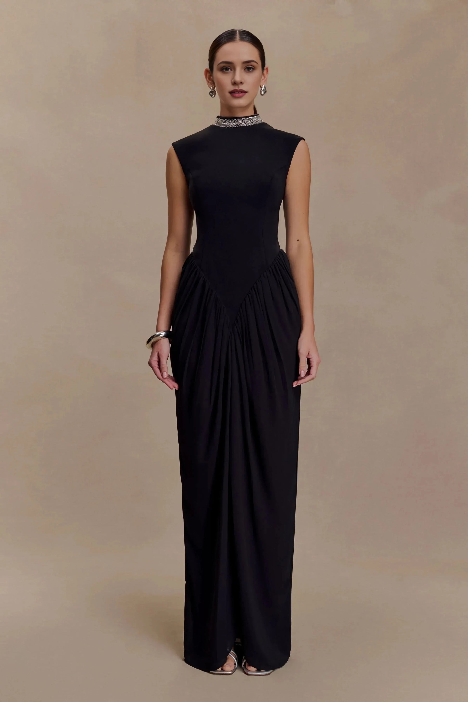 Stylish Sheath Mock Neck Sleeveless Ruched Back Floor Length Prom Dress by YiHuiw