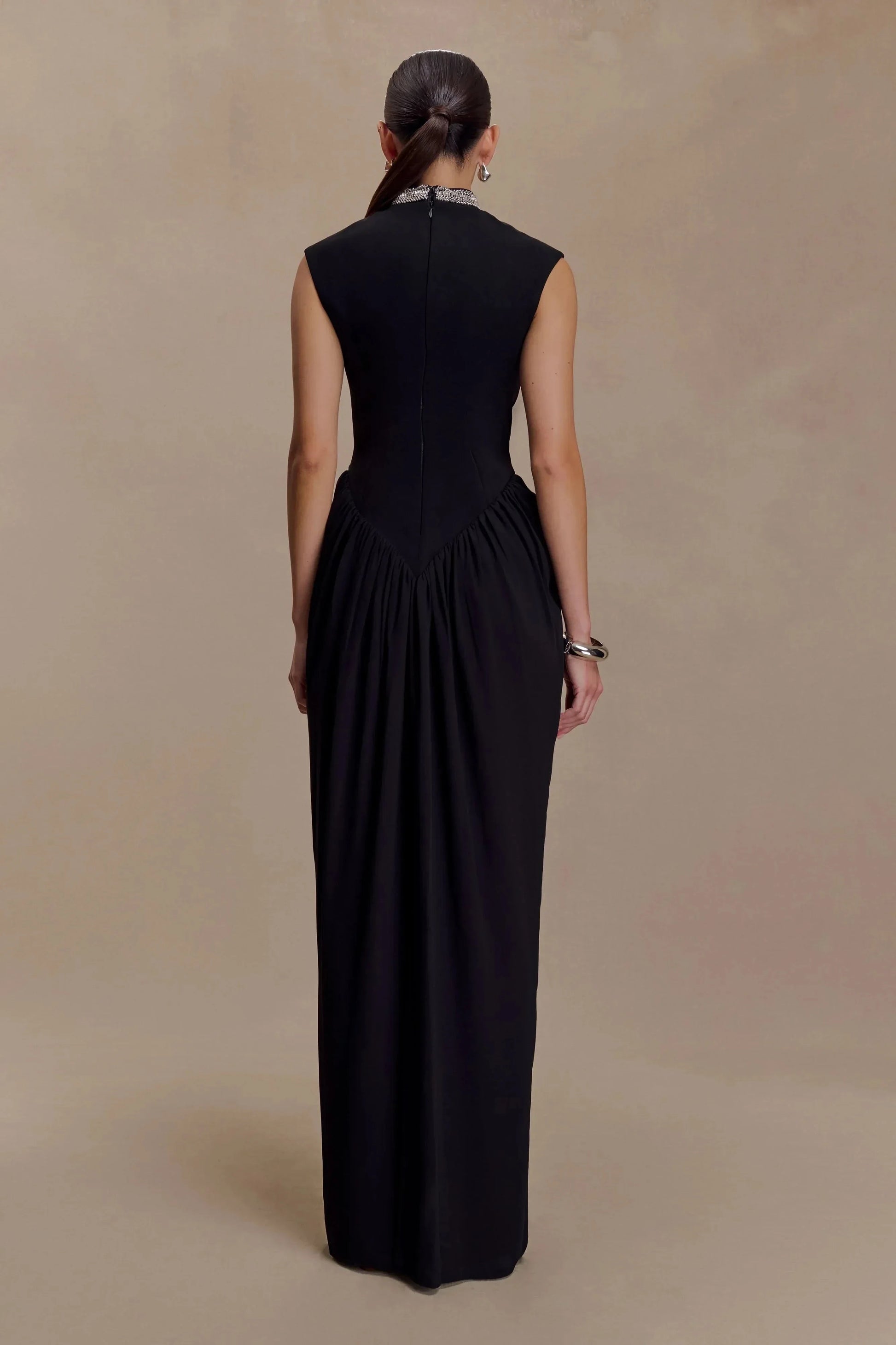 Stylish Sheath Mock Neck Sleeveless Ruched Back Floor Length Prom Dress by YiHuiw