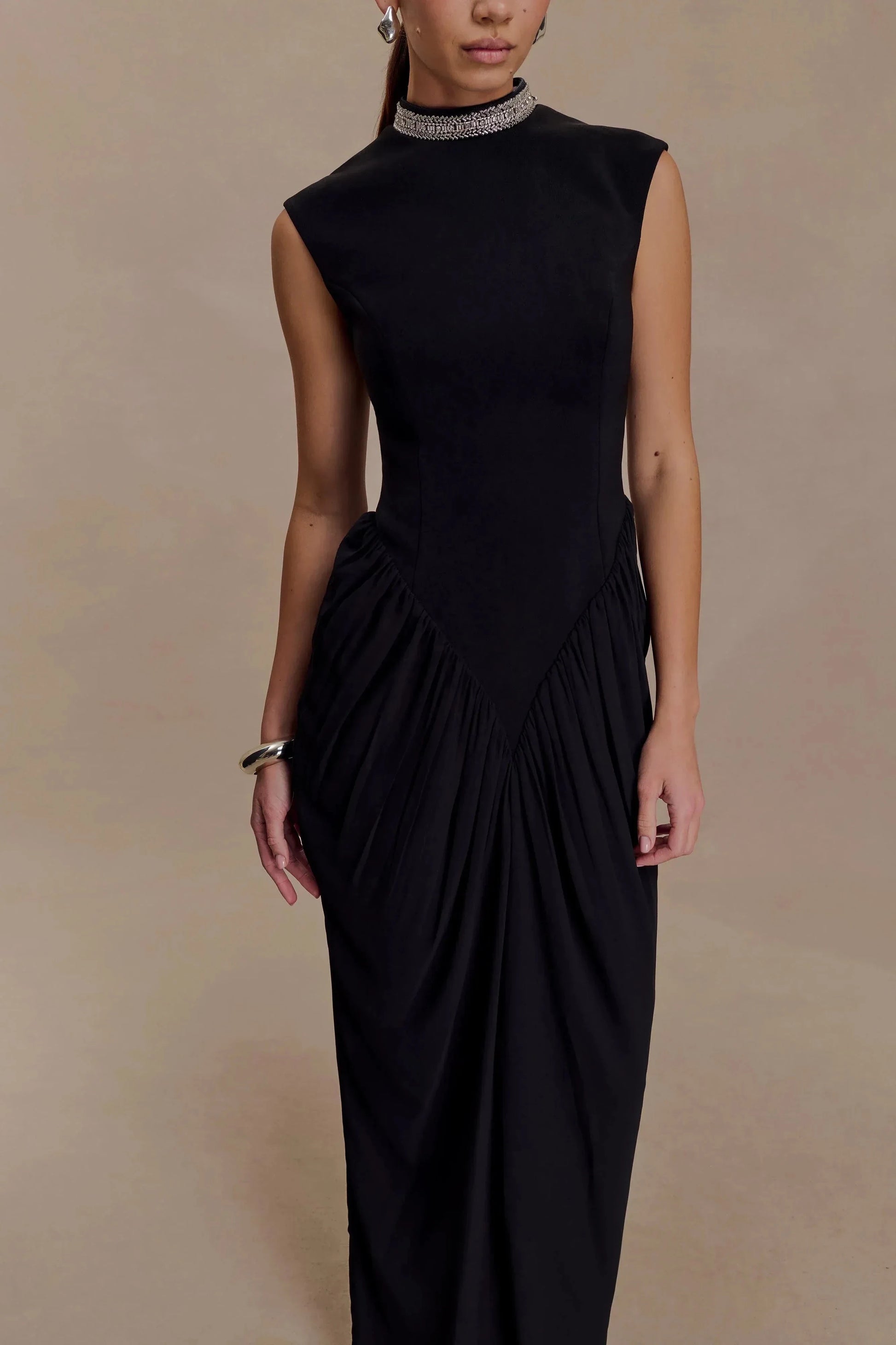 Stylish Sheath Mock Neck Sleeveless Ruched Back Floor Length Prom Dress by YiHuiw