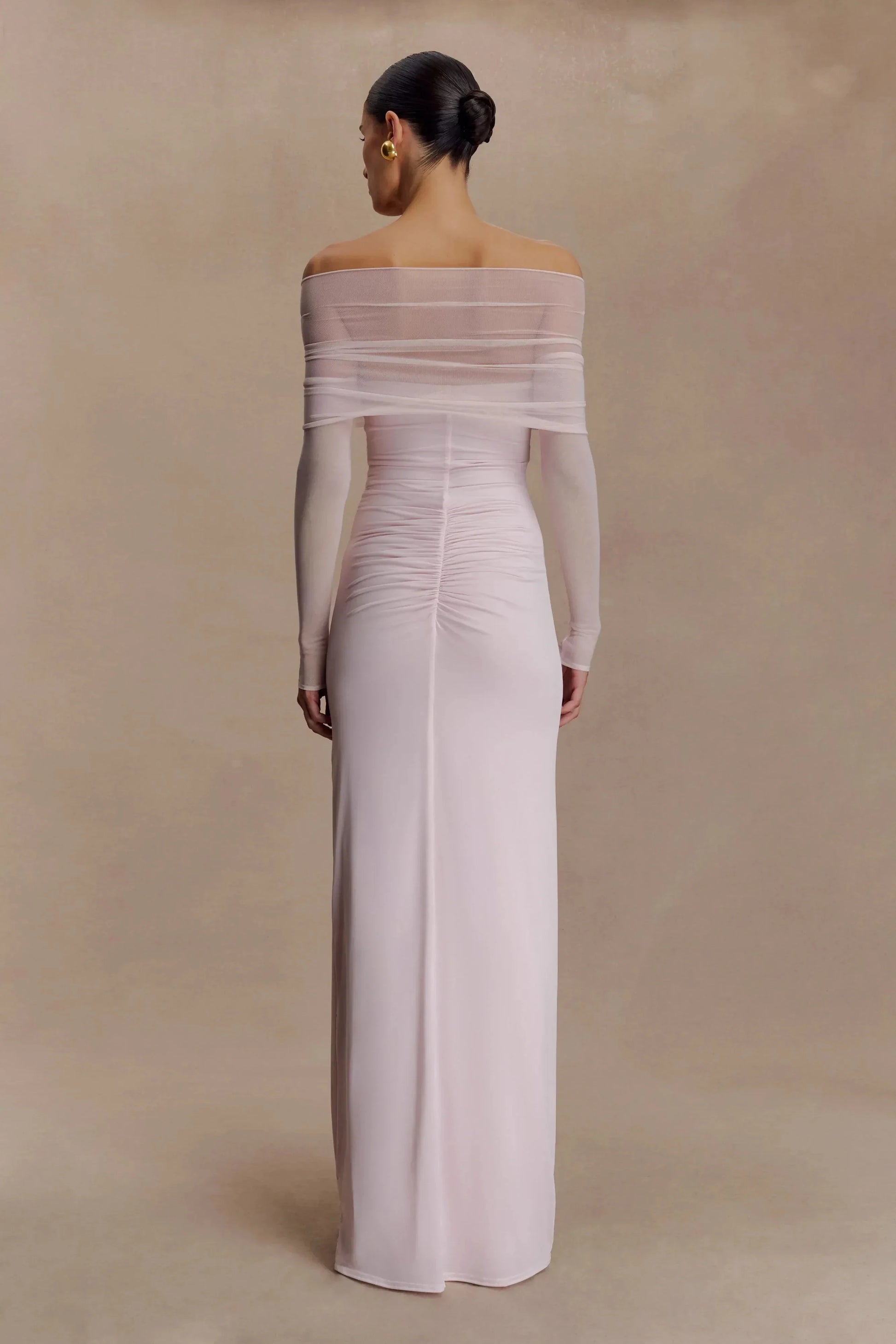Stylish Sheath Off Shoulder Long Sleeve Ruched Back Floor Length Prom Dress by YiHuiw