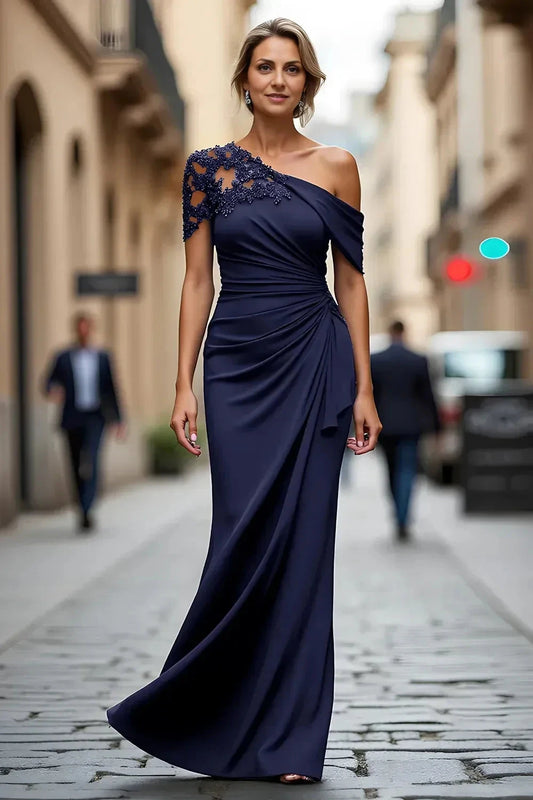 Stylish Sheath One Shoulder Lace Sleeve Ruched Back Floor Length Mother of the Bride Dress by YiHuiw