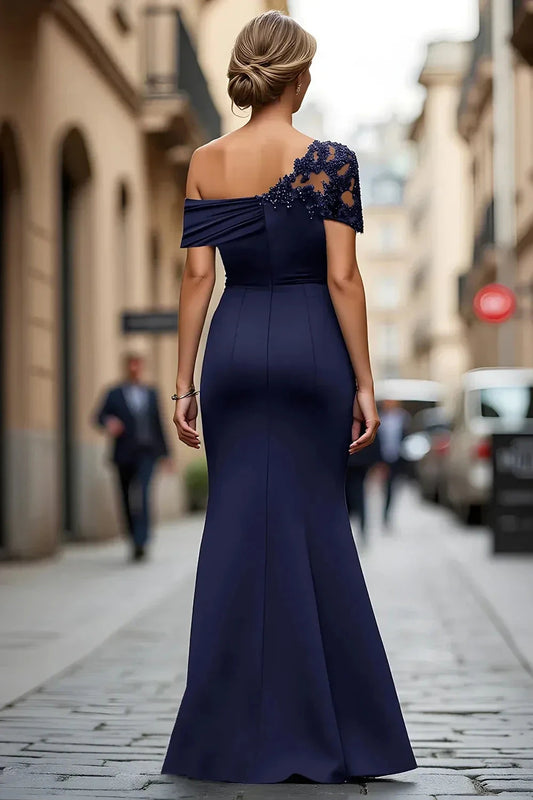 Stylish Sheath One Shoulder Lace Sleeve Ruched Back Floor Length Mother of the Bride Dress by YiHuiw