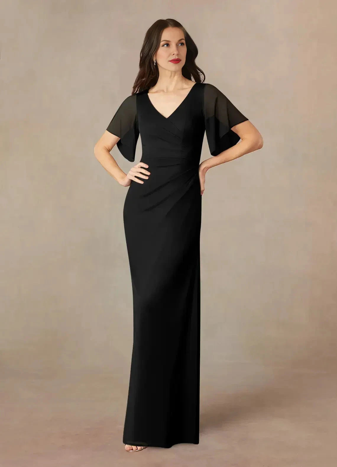 Stylish Sheath V Neck Flutter Sleeve Ruched Back Floor Length Mother of the Bride Dress by YiHuiw