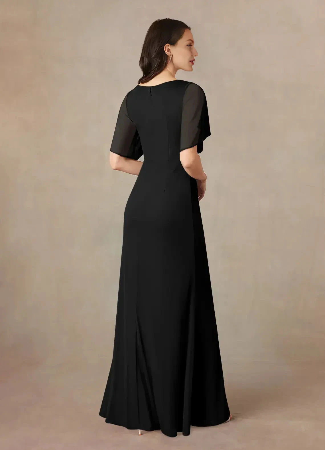 Stylish Sheath V Neck Flutter Sleeve Ruched Back Floor Length Mother of the Bride Dress by YiHuiw