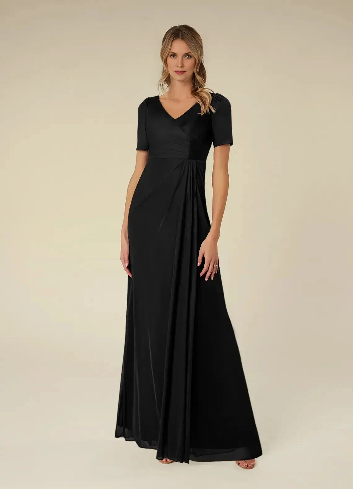 Stylish Sheath V Neck Short Sleeve Ruched Back Floor Length Mother of the Bride Dress by YiHuiw