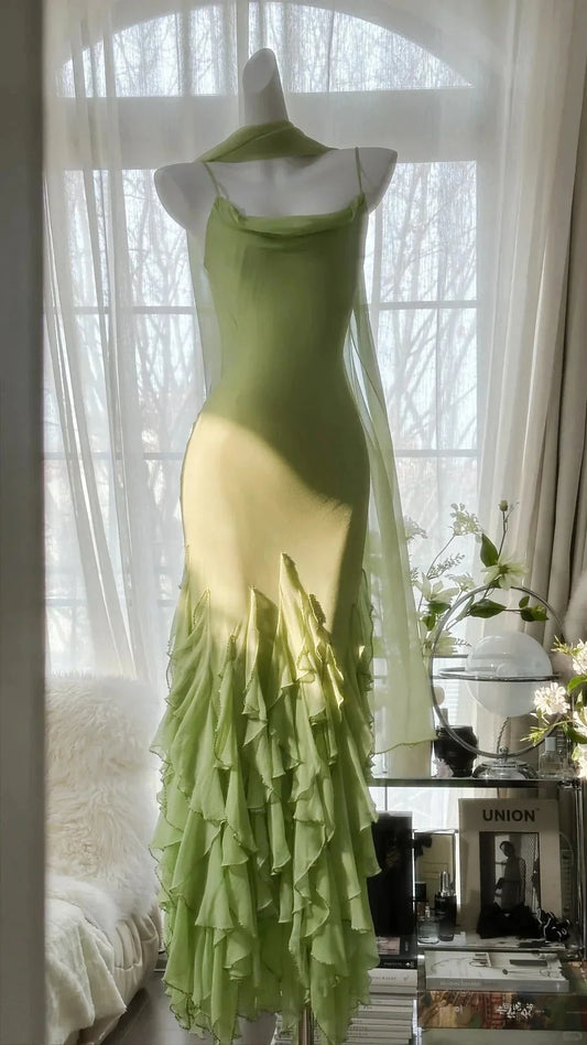 Stylish Elegant Spaghetti Straps Long Ruffled Mermaid Slim Fit Chiffon Ball Gown simple gentle atmospheric and unique desi Bring summer colors to enhance whiteness by YiHuiw