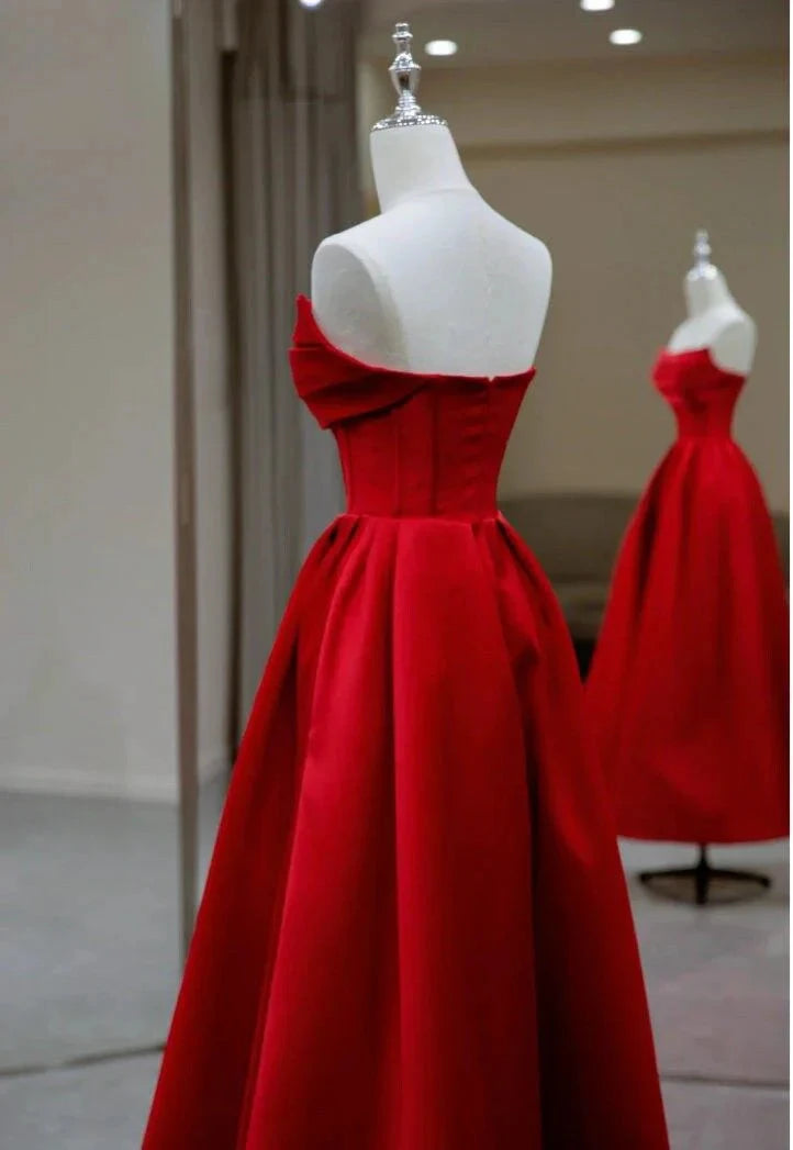 Stylish Red Satin Backless Pleated A Line Evening Gown Prom Dress simple gentle atmospheric and unique desi Bring summer colors to enhance whiteness by YiHuiw