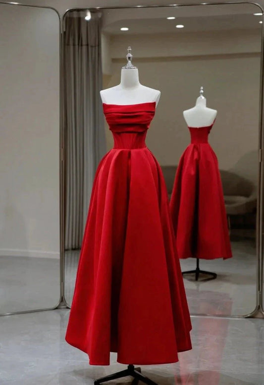 Stylish Red Satin Backless Pleated A Line Evening Gown Prom Dress simple gentle atmospheric and unique desi Bring summer colors to enhance whiteness by YiHuiw