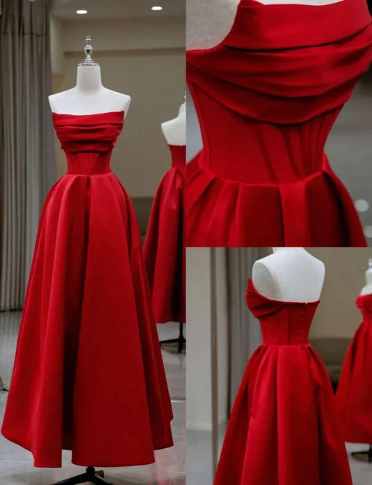 Stylish Red Satin Backless Pleated A Line Evening Gown Prom Dress simple gentle atmospheric and unique desi Bring summer colors to enhance whiteness by YiHuiw