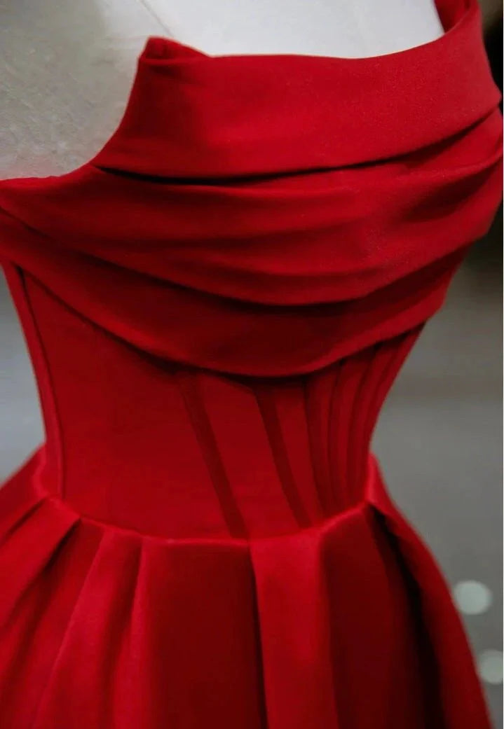 Stylish Red Satin Backless Pleated A Line Evening Gown Prom Dress simple gentle atmospheric and unique desi Bring summer colors to enhance whiteness by YiHuiw
