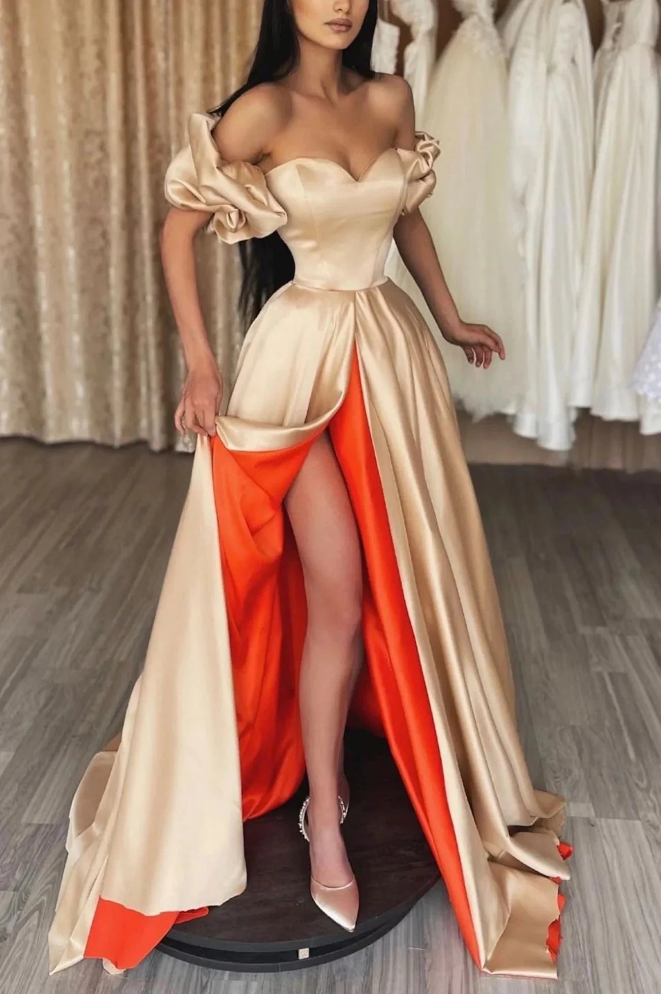Stylish Satin Long A-Line Prom Dress Sweetheart Neckline Evening Dress with Slit simple gentle atmospheric and unique desi Bring summer colors to enhance whitenes by YiHuiw