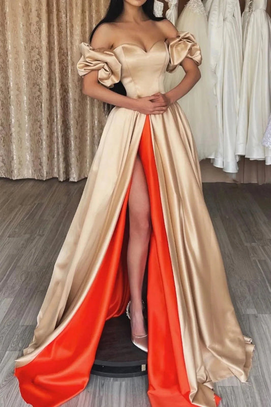 Stylish Satin Long A-Line Prom Dress Sweetheart Neckline Evening Dress with Slit simple gentle atmospheric and unique desi Bring summer colors to enhance whitenes by YiHuiw