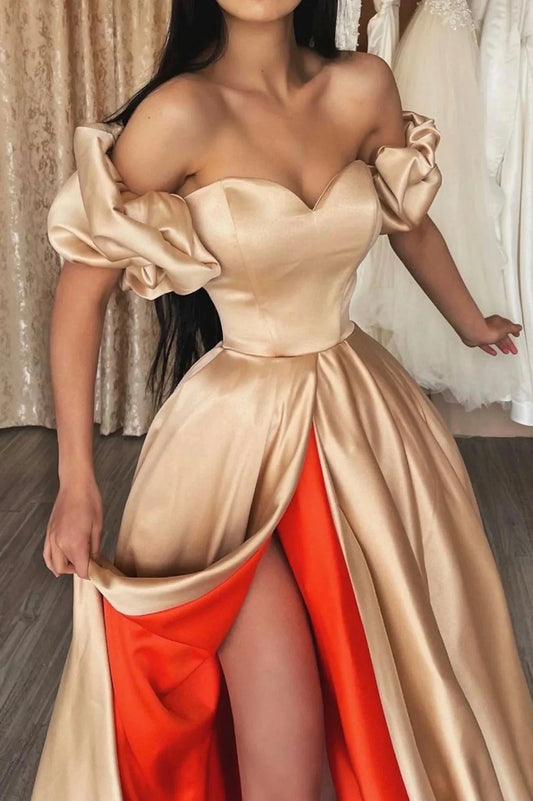 Stylish Satin Long A-Line Prom Dress Sweetheart Neckline Evening Dress with Slit simple gentle atmospheric and unique desi Bring summer colors to enhance whitenes by YiHuiw