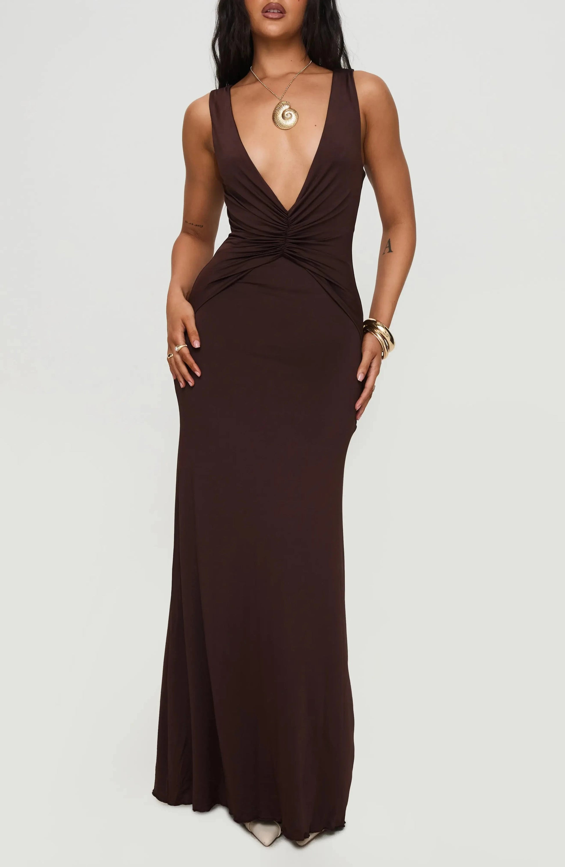Sultry Ruched Mermaid Deep V Neck Sleeveless Cut Out Back Floor Length For Sale Prom Dress by YiHuiw