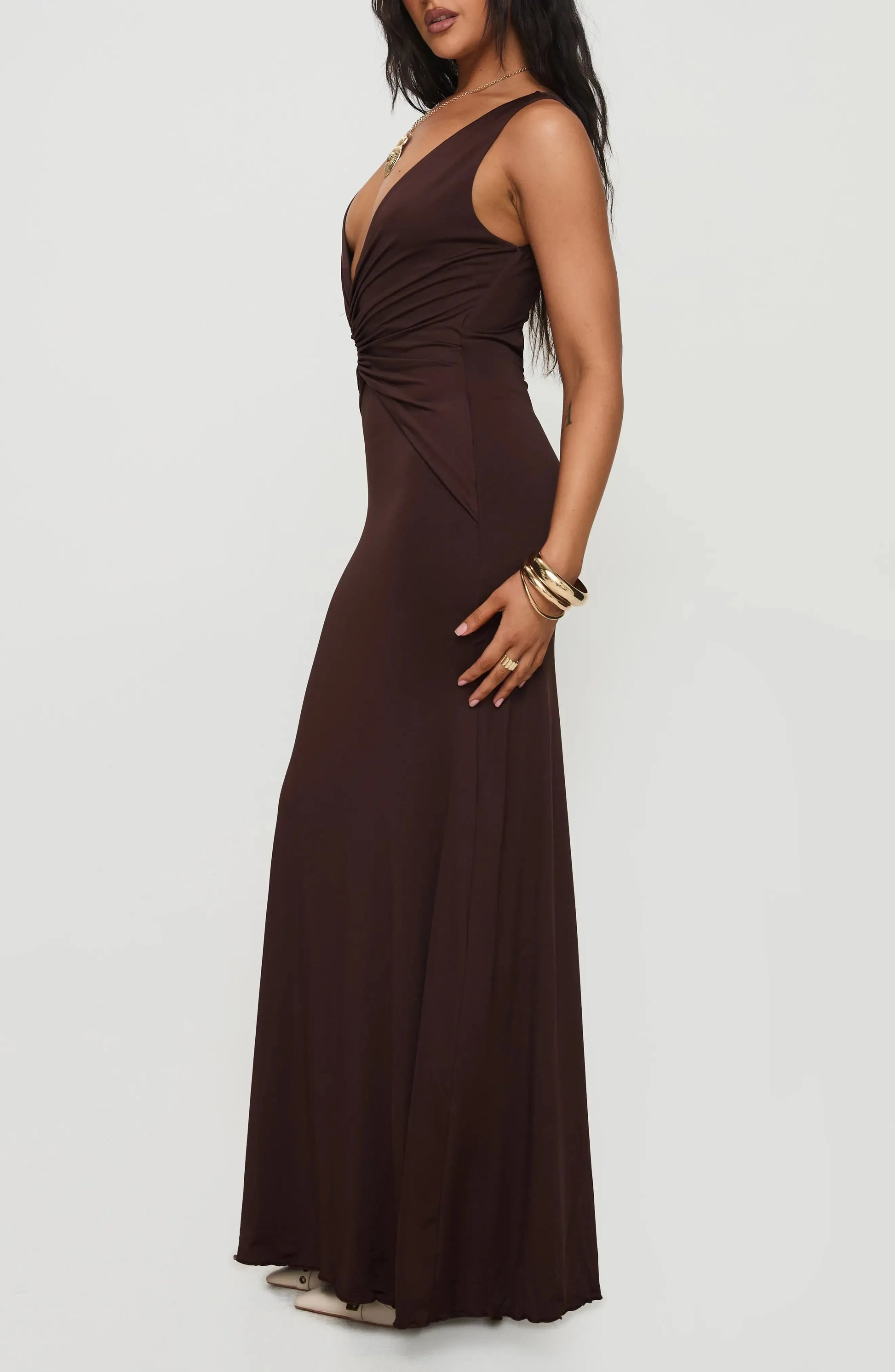 Sultry Ruched Mermaid Deep V Neck Sleeveless Cut Out Back Floor Length For Sale Prom Dress by YiHuiw