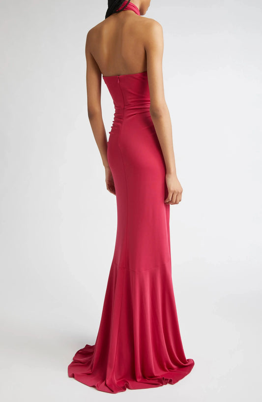Sultry Ruched Mermaid Halter Neck Sleeveless Open Back Floor Length For Adults Prom Dress by YiHuiw