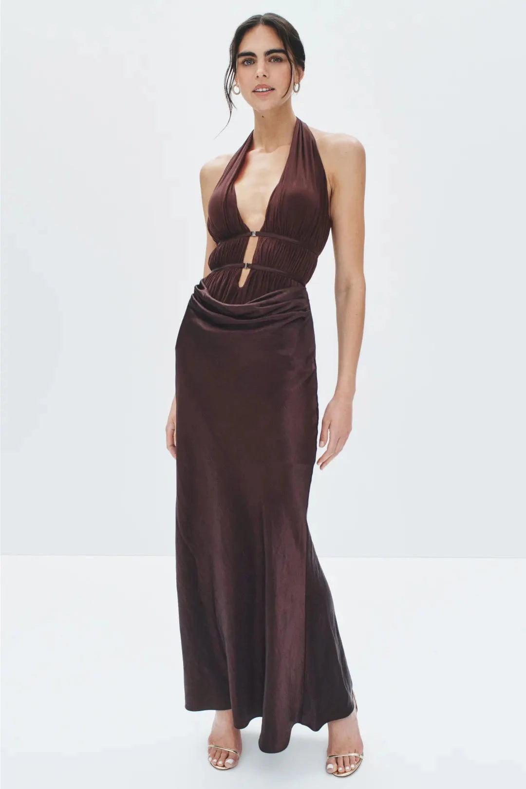 Sultry Solid Satin Maxi Halter Deep V-Neck Sleeveless Cutout Waist Ruched Detail Open Back Invisible Zipper Floor-Length Evening Dresses by LANQI DRESS