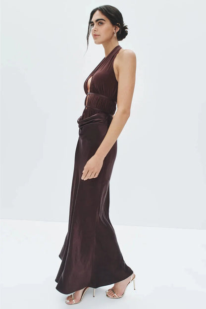 Sultry Solid Satin Maxi Halter Deep V-Neck Sleeveless Cutout Waist Ruched Detail Open Back Invisible Zipper Floor-Length Evening Dresses by LANQI DRESS