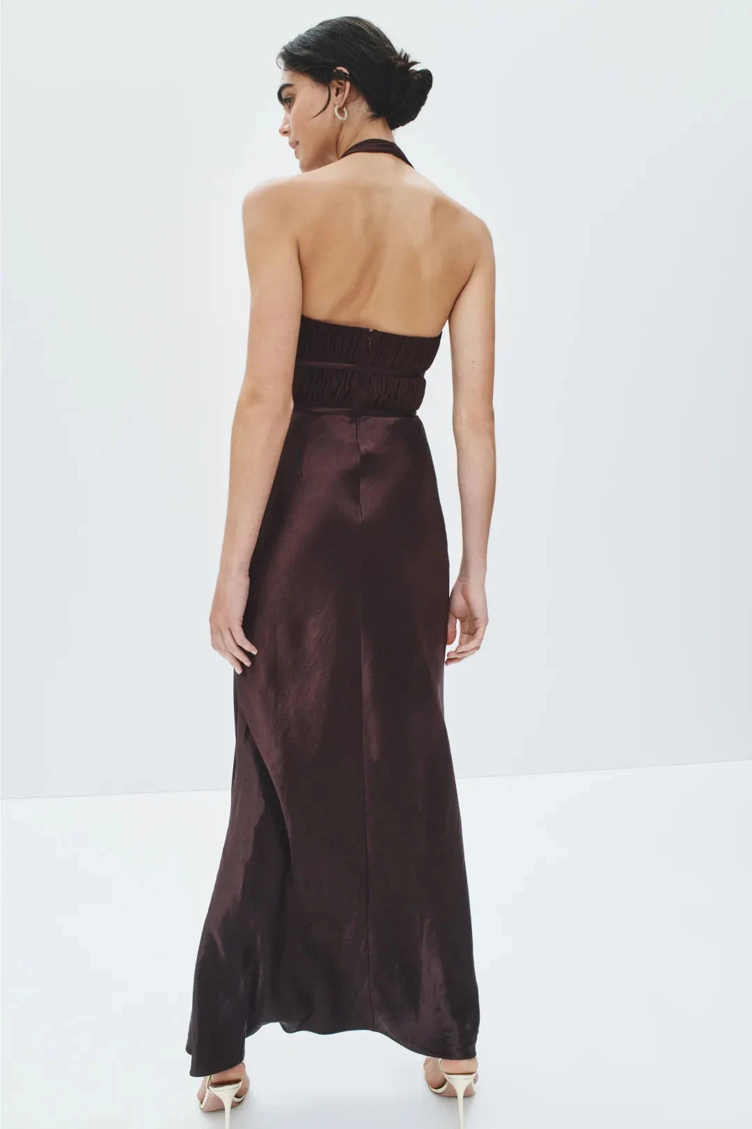 Sultry Solid Satin Maxi Halter Deep V-Neck Sleeveless Cutout Waist Ruched Detail Open Back Invisible Zipper Floor-Length Evening Dresses by LANQI DRESS