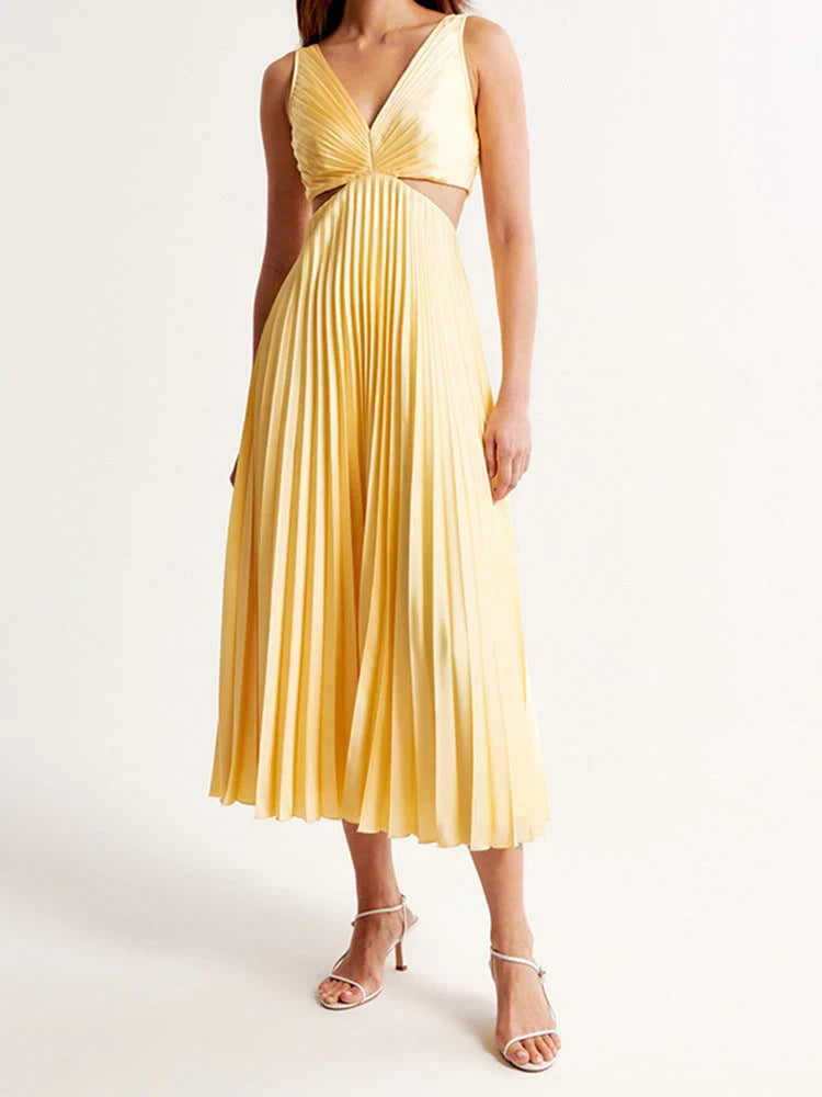 V-Neck Sleeveless Pleated Midi Wedding Dress - Yihuiw by Yihuiw