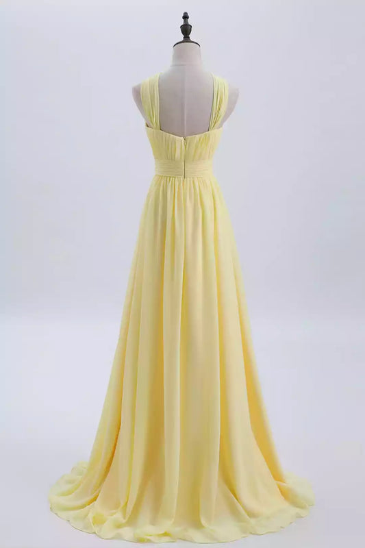 Sunny Yellow Chiffon A-Line Dress with Crisscross Halter Neck & Pleated Bodice