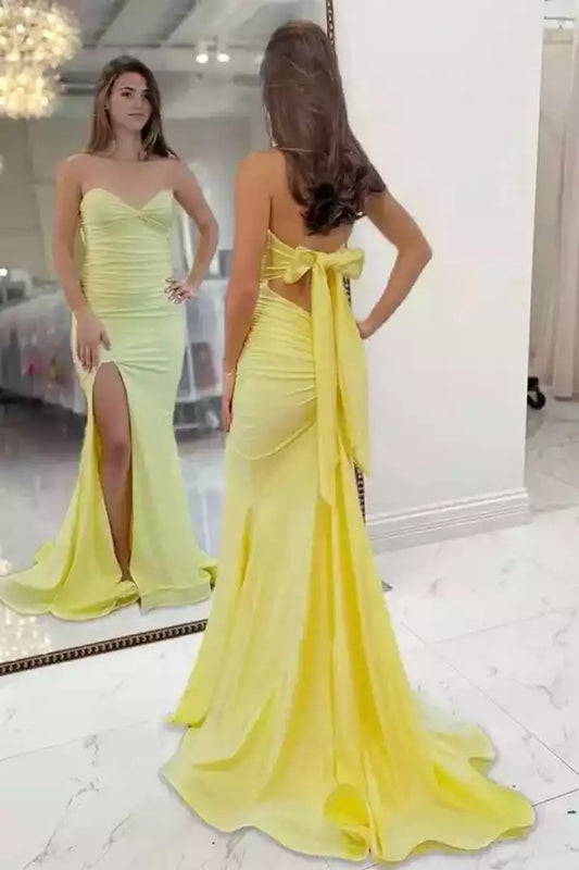 Sunny Yellow Strapless Mermaid Dress with Ruched Bodice & Bow Back