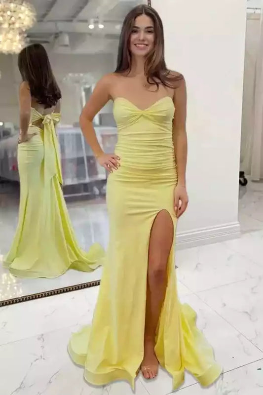 Sunny Yellow Strapless Mermaid Dress with Ruched Bodice & Bow Back