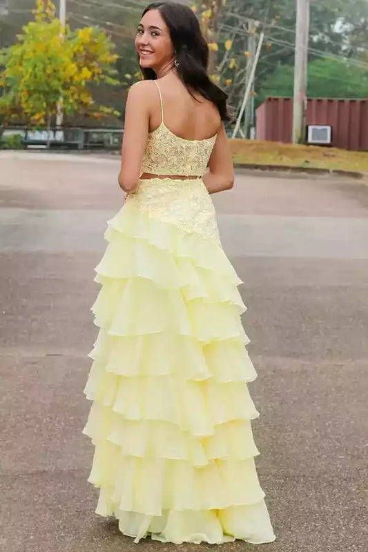 Sunny Yellow Two-Piece Prom Dress with Lace Bodice & Ruffled Chiffon Skirt