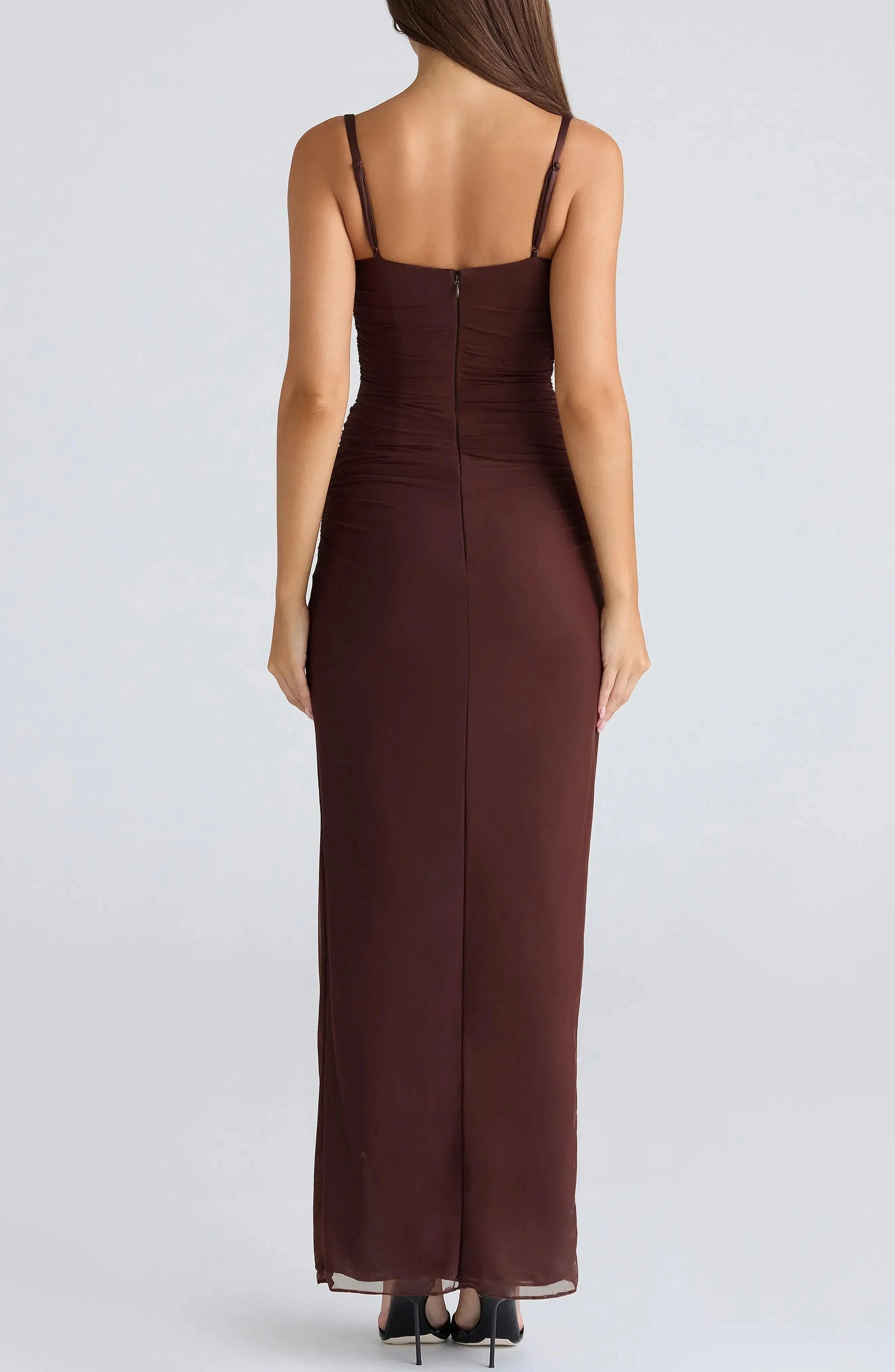 Supple Ruched Square Neck Spaghetti Strap Zipper Back Floor Length Female Evening Dress by YiHuiw