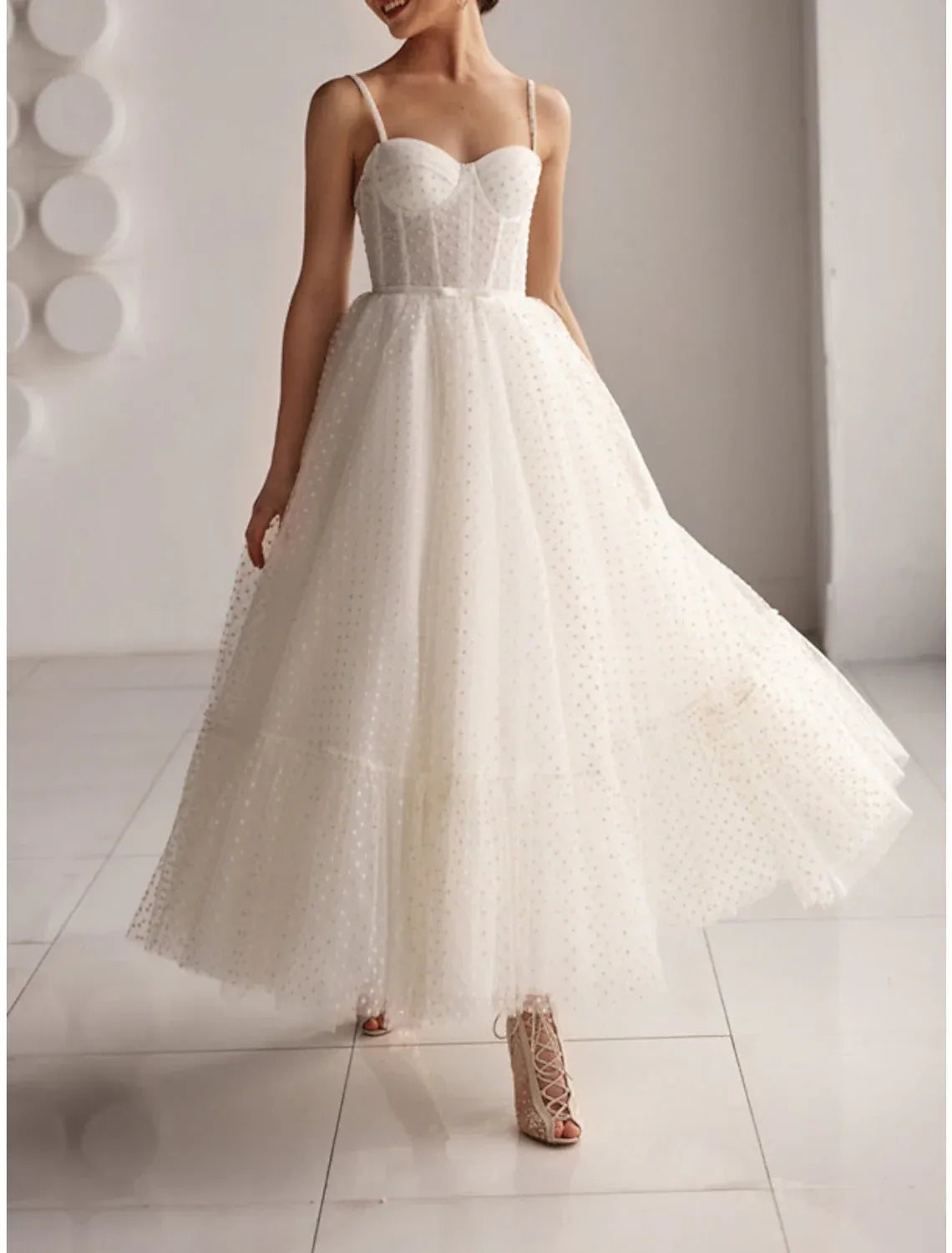 A-Line Sweetheart Tulle Lace-Up Back Tiered Midi Wedding Dress - Yihuiw by Yihuiw