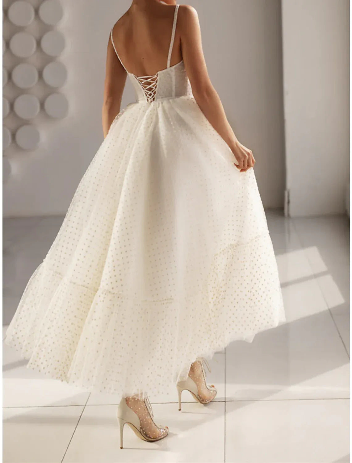 A-Line Sweetheart Tulle Lace-Up Back Tiered Midi Wedding Dress - Yihuiw by Yihuiw
