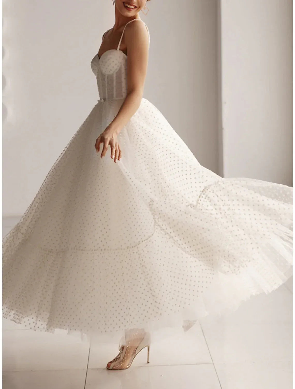 A-Line Sweetheart Tulle Lace-Up Back Tiered Midi Wedding Dress - Yihuiw by Yihuiw