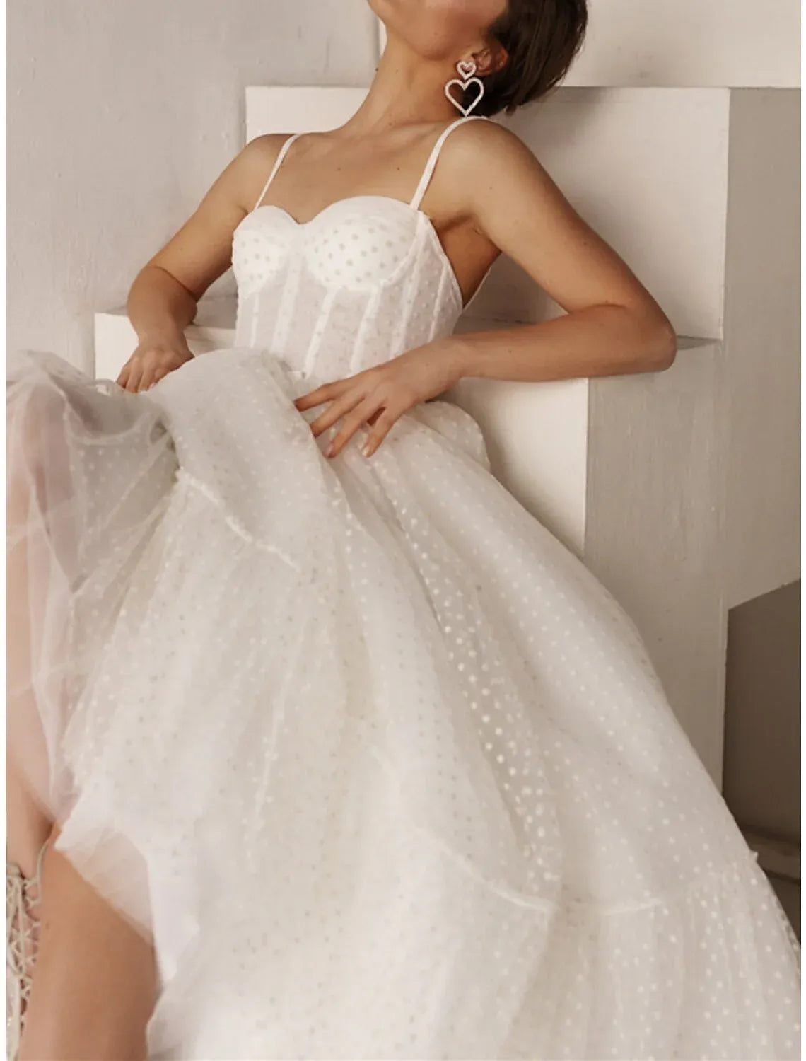 A-Line Sweetheart Tulle Lace-Up Back Tiered Midi Wedding Dress - Yihuiw by Yihuiw