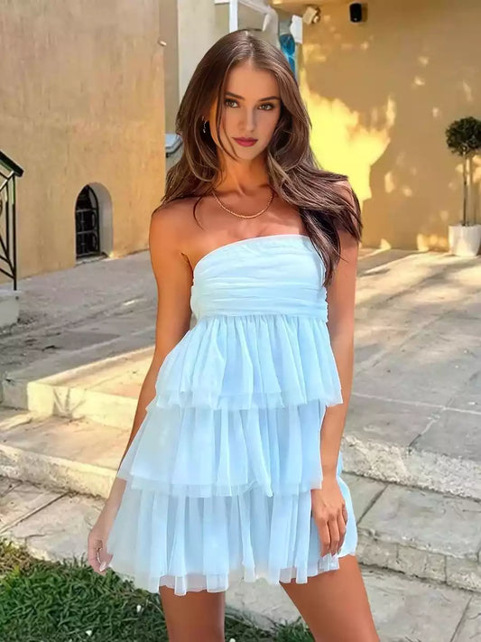 Sweet and elegant chiffon A-line shoulder exposed lotus leaf edge short cut ruffle edge zipper back Homecoming Dresses