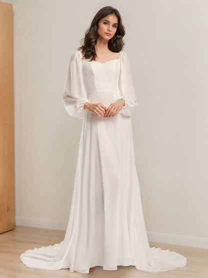 Sweetheart-Neck Chiffon Wedding Dress with Sheer Bishop Sleeves, Low Open Back, Button Closure & Cathedral Train