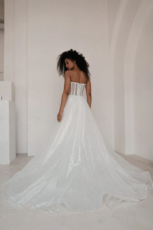 Sweetheart Corset Glitter BallDress Wedding Dress Detachable Puff Sleeves Lace-Up Back Train Bridal Dress