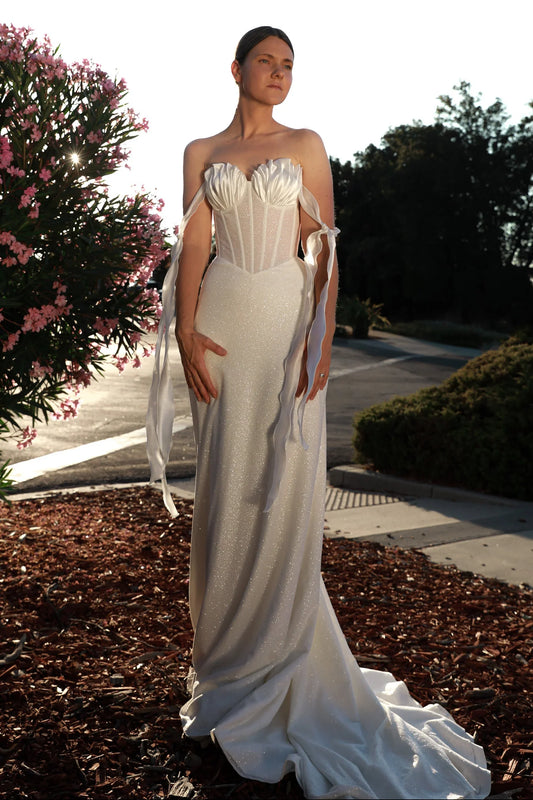 Sweetheart Corset Glitter Wedding Dress Detachable Off-Shoulder Bow Straps Train Bridal Dress
