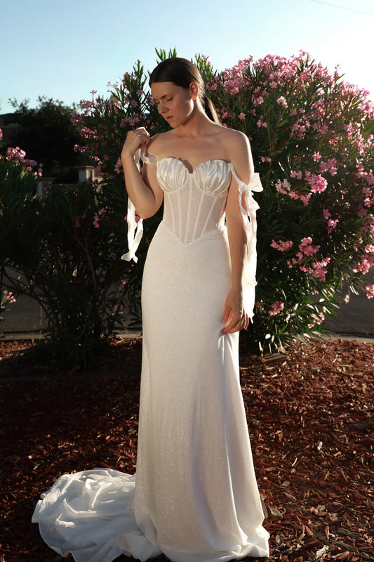 Sweetheart Corset Glitter Wedding Dress Detachable Off-Shoulder Bow Straps Train Bridal Dress