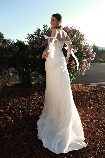 Sweetheart Corset Glitter Wedding Dress Detachable Off-Shoulder Bow Straps Train Bridal Dress