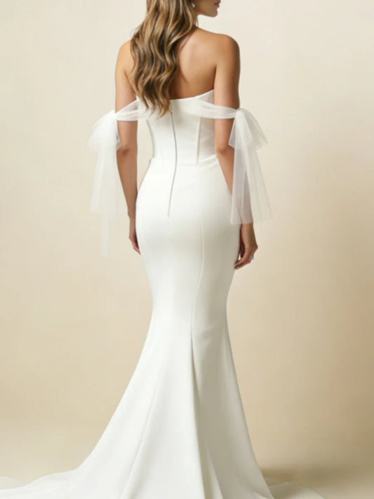 Sweetheart Corset Wedding Dress with Detachable Tulle Bow Sleeves & Mermaid Train