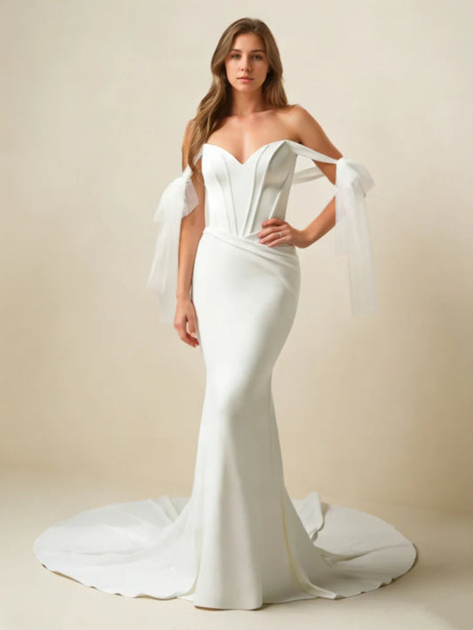 Sweetheart Corset Wedding Dress with Detachable Tulle Bow Sleeves & Mermaid Train