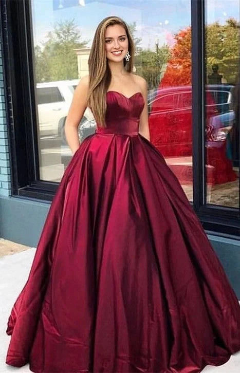 Sweetheart Red Floor Length Long Prom Formal Dress Burgundy Strapless Ball Gown with Full Skirt Party Dresses, by YiHuiw