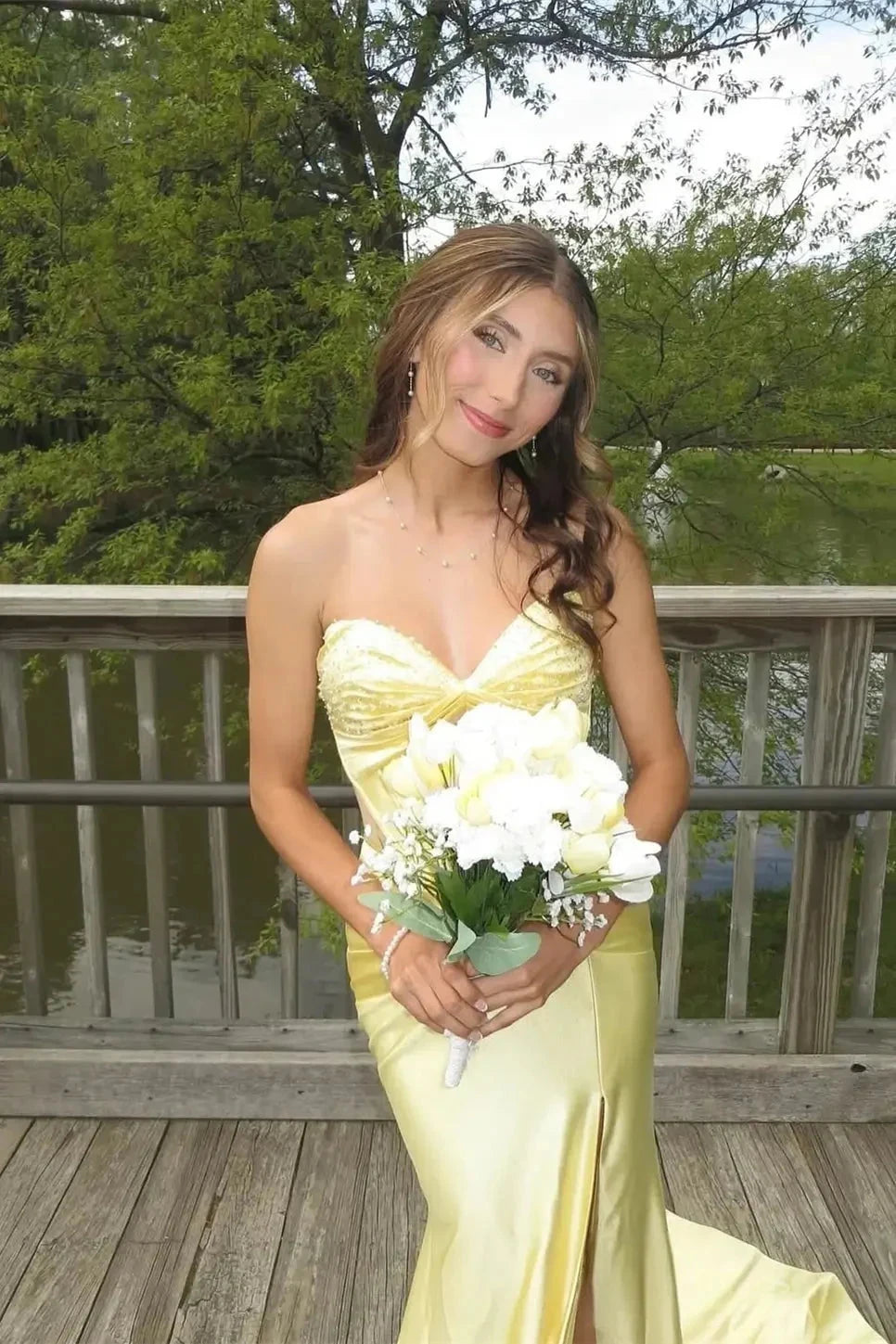 Sweetheart Strapless Beaded Satin Prom Dress Lace Up Back High Slit Train Formal Evening Gown by JiMiss Dresses