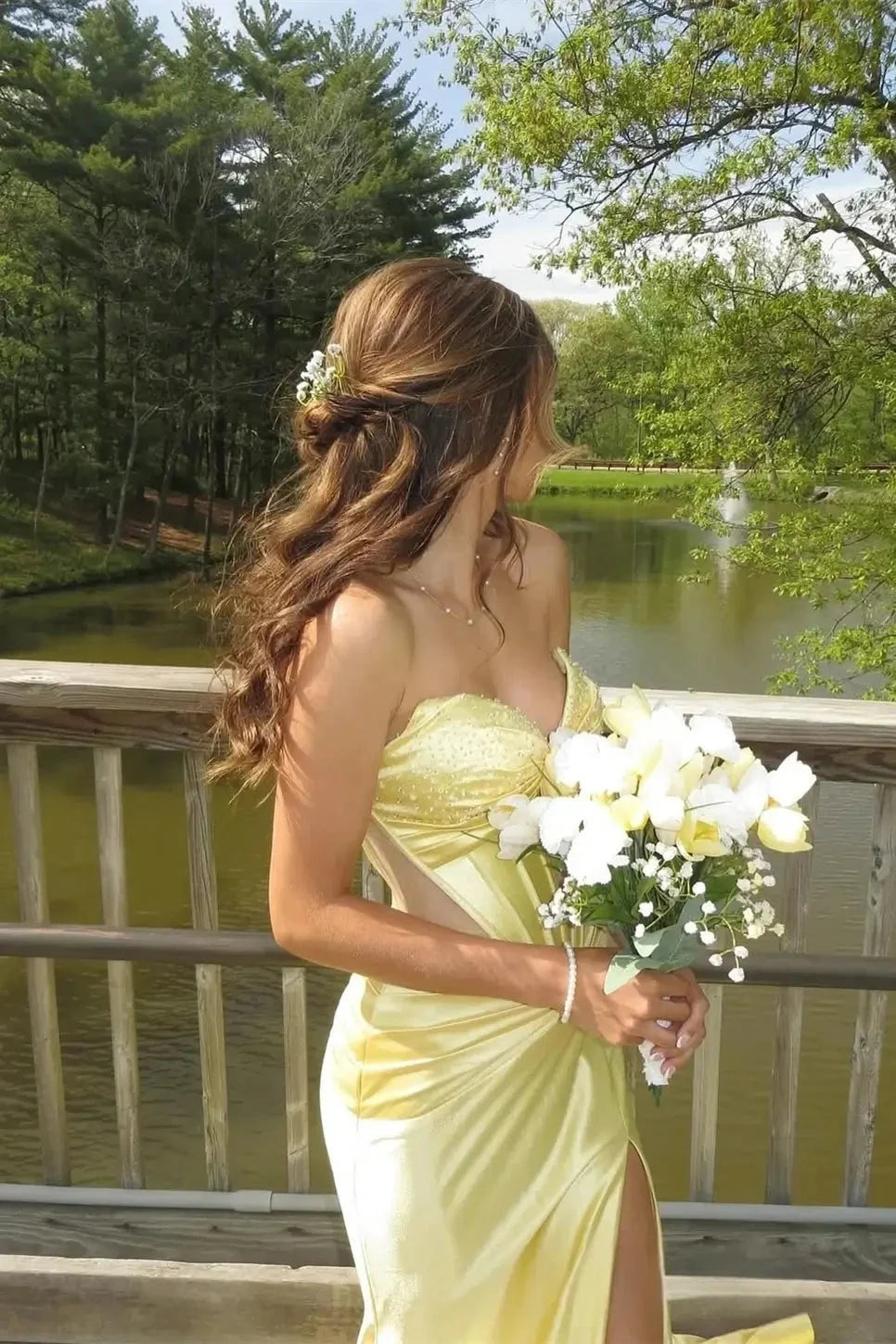Sweetheart Strapless Beaded Satin Prom Dress Lace Up Back High Slit Train Formal Evening Gown by JiMiss Dresses