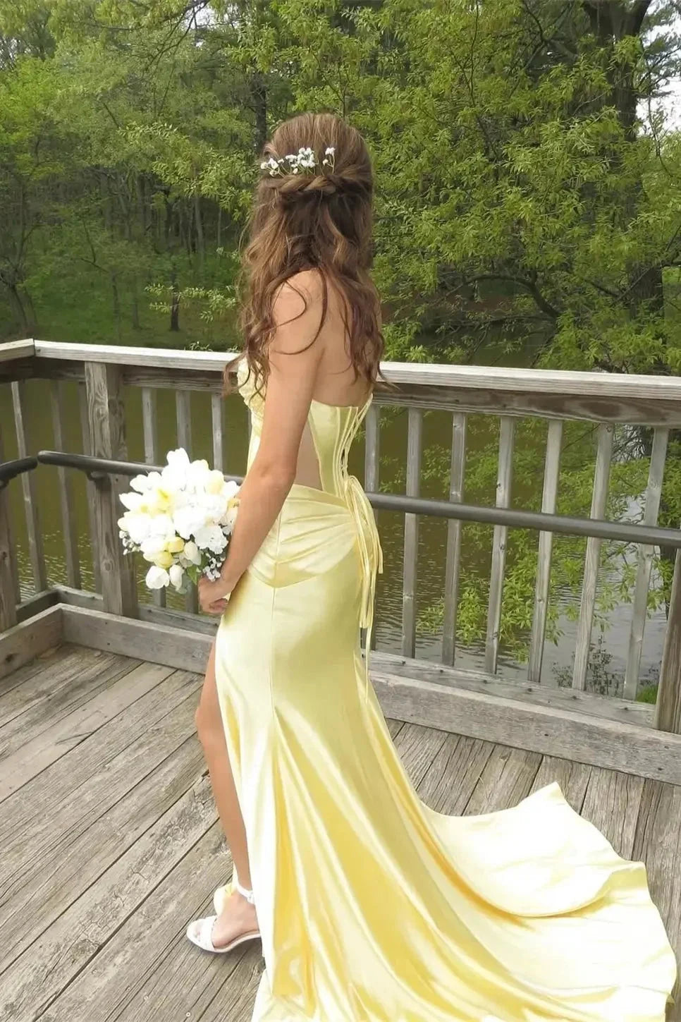 Sweetheart Strapless Beaded Satin Prom Dress Lace Up Back High Slit Train Formal Evening Gown by JiMiss Dresses