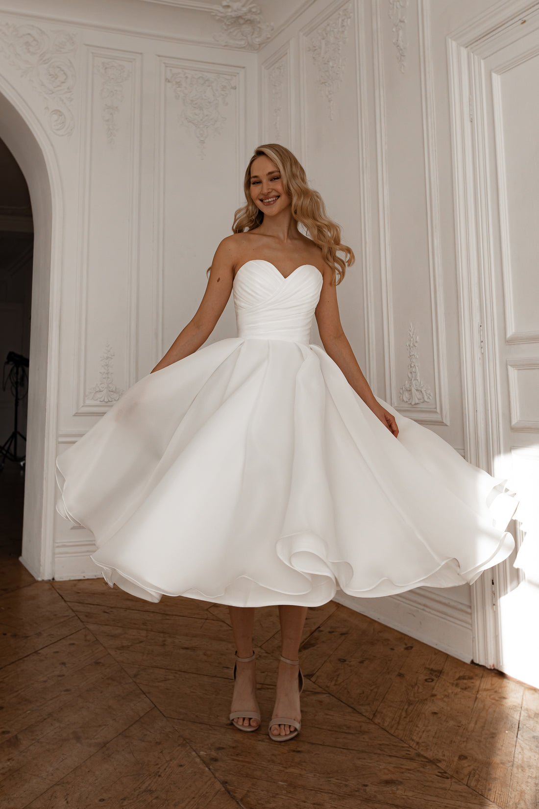 Sweetheart Strapless Organza Midi Wedding Dress Lace-Up Back A-Line Short Bridal Gown by LANQI DRESS