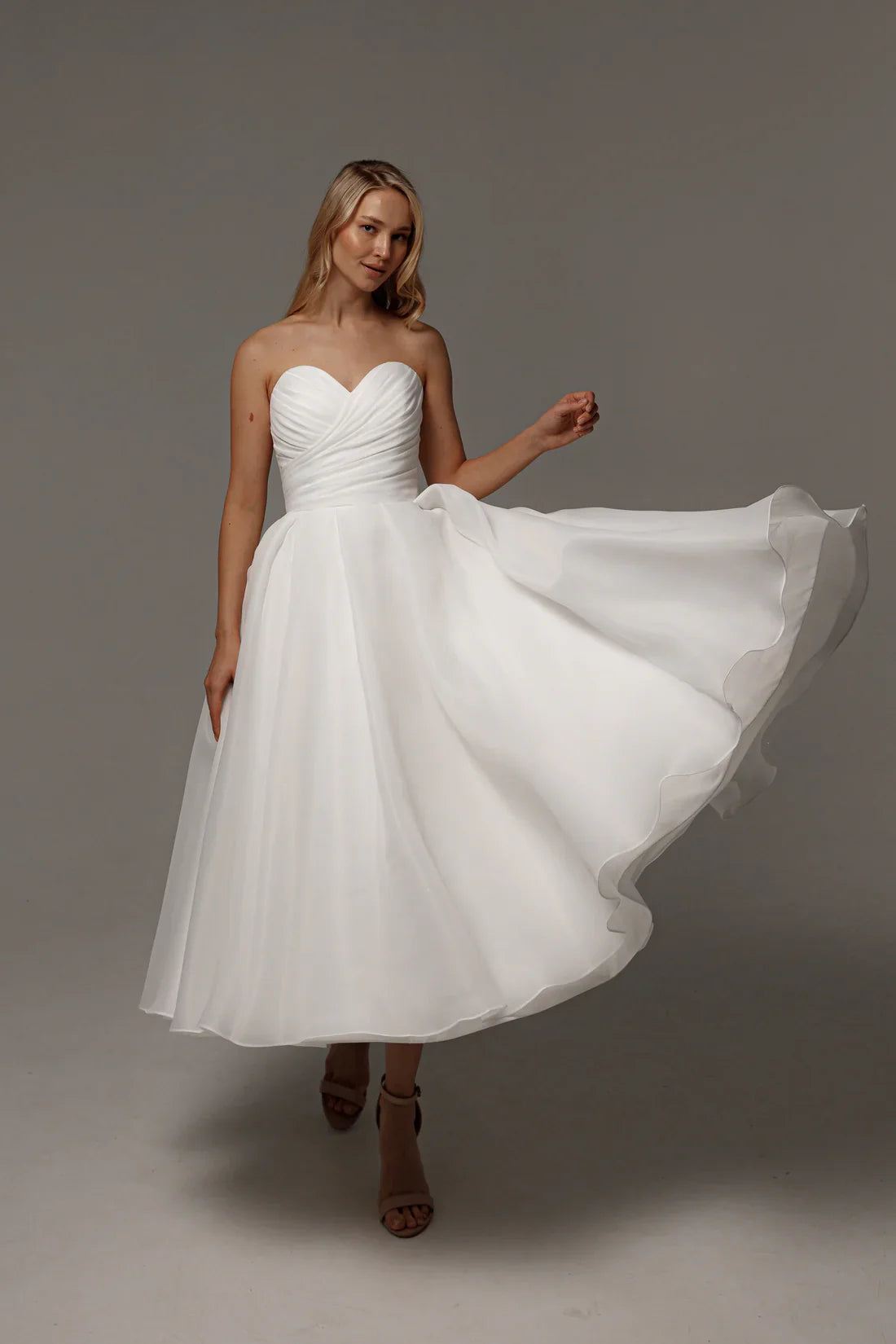 Sweetheart Strapless Organza Midi Wedding Dress Lace-Up Back A-Line Short Bridal Gown by LANQI DRESS